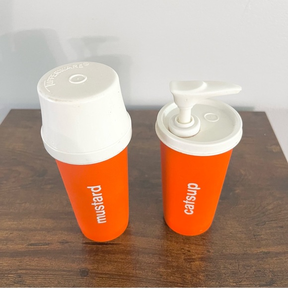 Vintage Tupperware Catsup Ketchup and Mustard Holder w Pump and One Cover Orange - Picture 2 of 6